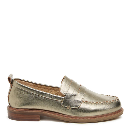 Lens Warm Steel Metallic Leather Loafers – Women’s Slip-On Flat