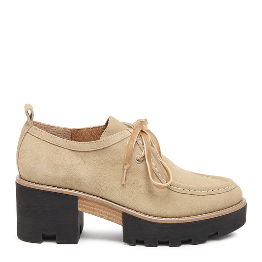 Kelsi Dagger Women's Olga Oatmeal Lug Loafers – Cow Suede Platform Heel