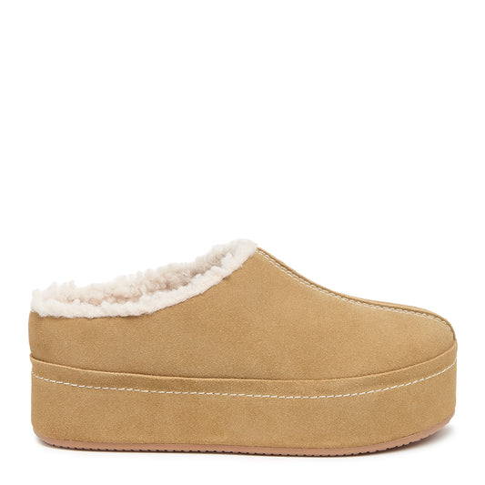Kelsi Dagger Women's Torrence Bison Platform Clog – Cow Suede Shearling-Lined Mule