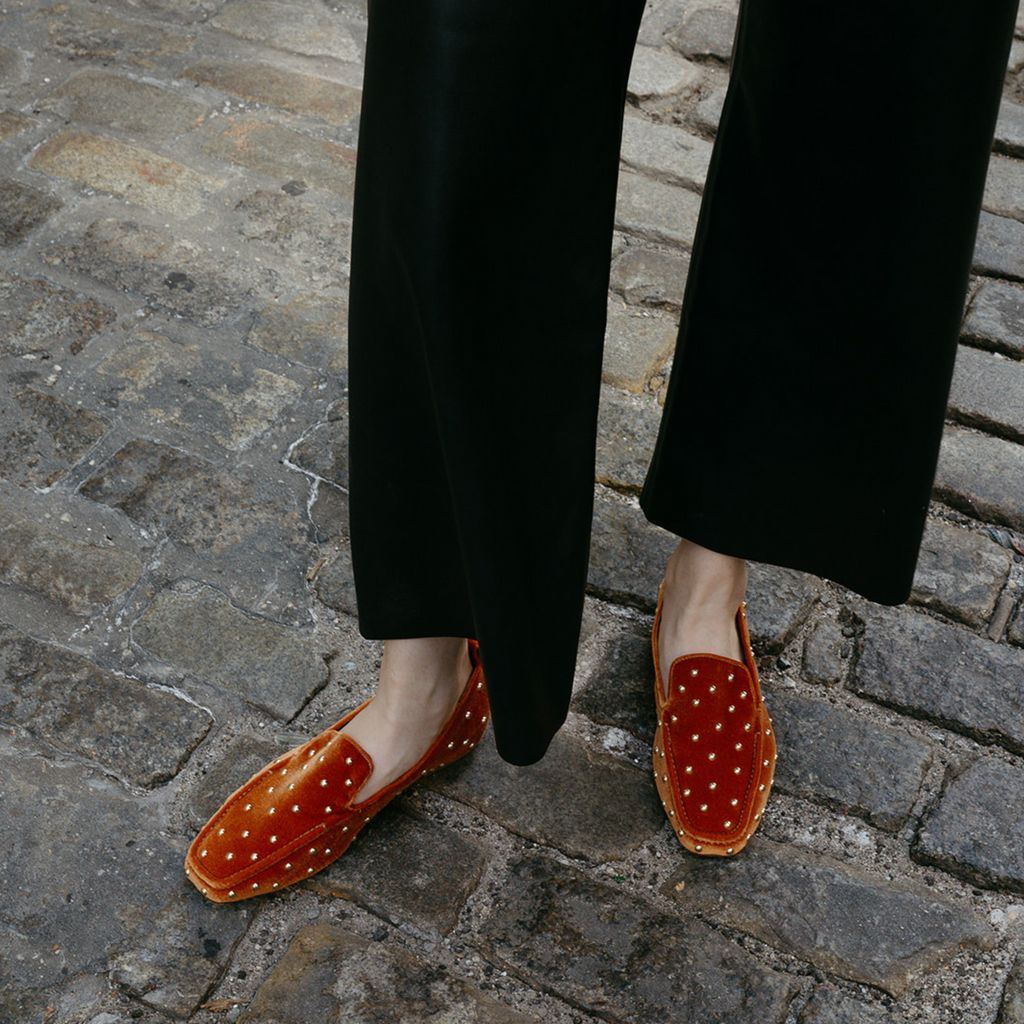 finley mustard velvet stud loafers styled on model, women's everyday loafers, Kelsi Dagger Brooklyn