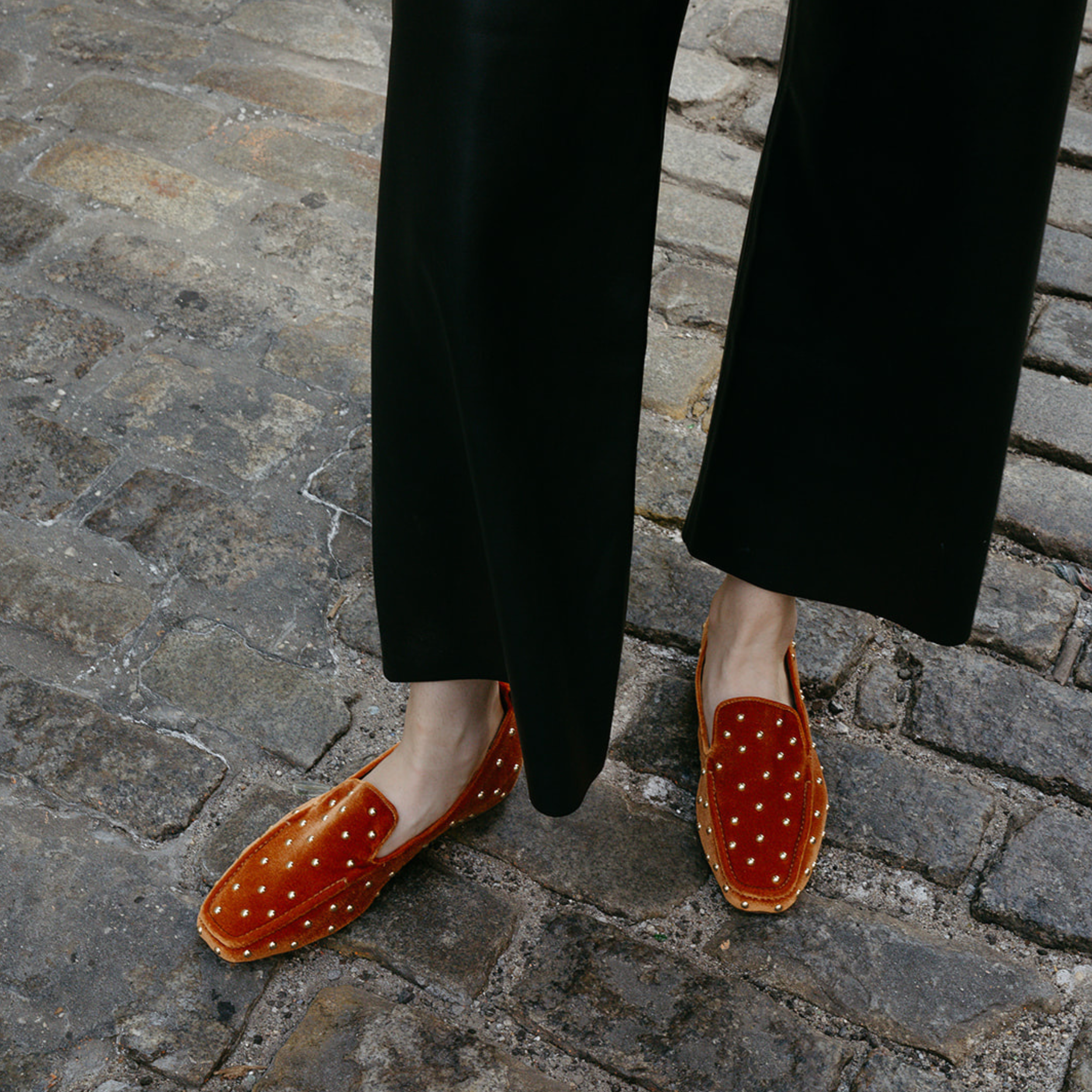 finley mustard velvet stud loafers styled on model, women's everyday loafers, Kelsi Dagger Brooklyn