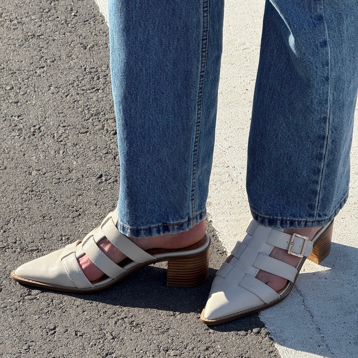 mitchie oatmeal leather heels, leather heeled mules from alternate angle, Kelsi Dagger Brooklyn