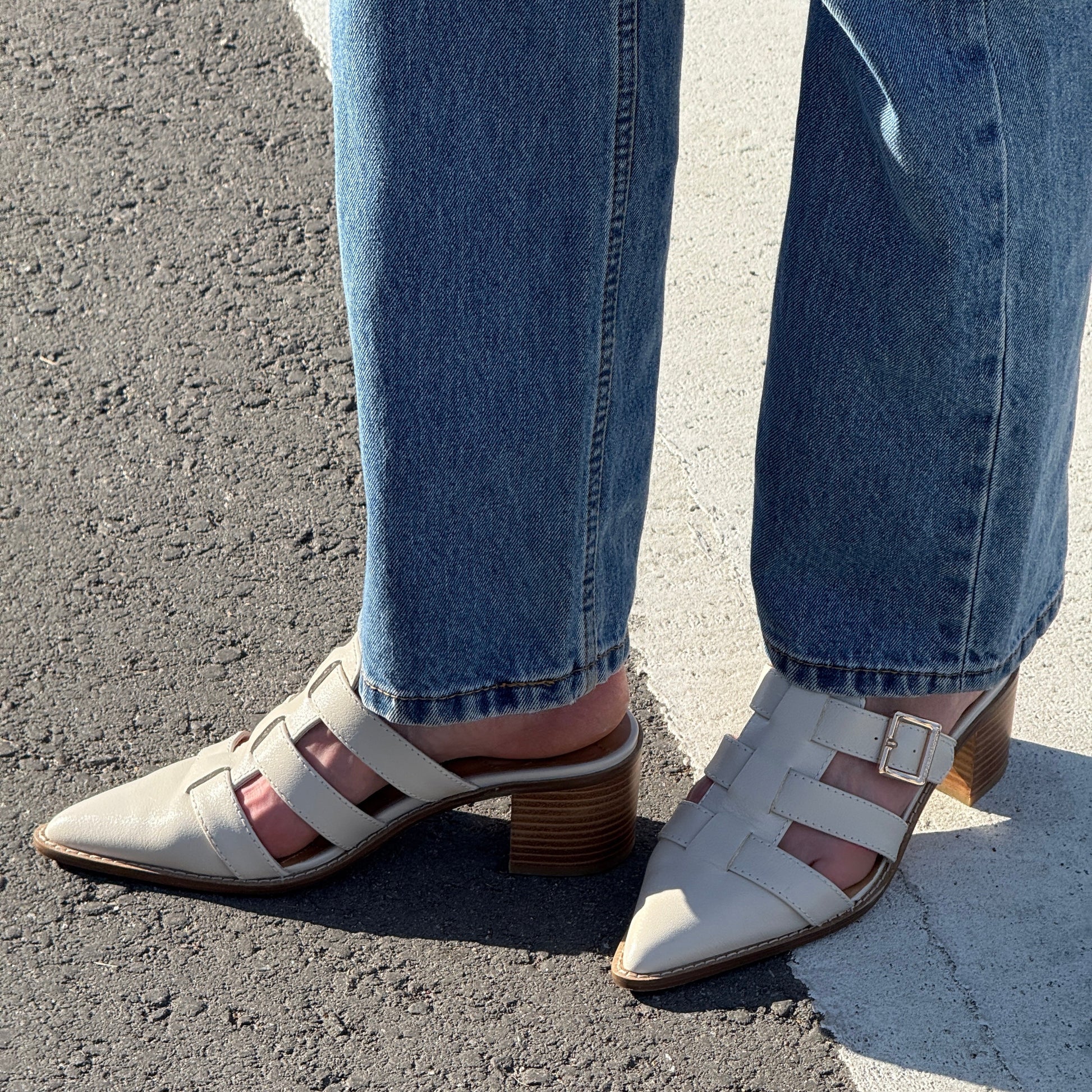 mitchie oatmeal leather heels, leather heeled mules from alternate angle, Kelsi Dagger Brooklyn
