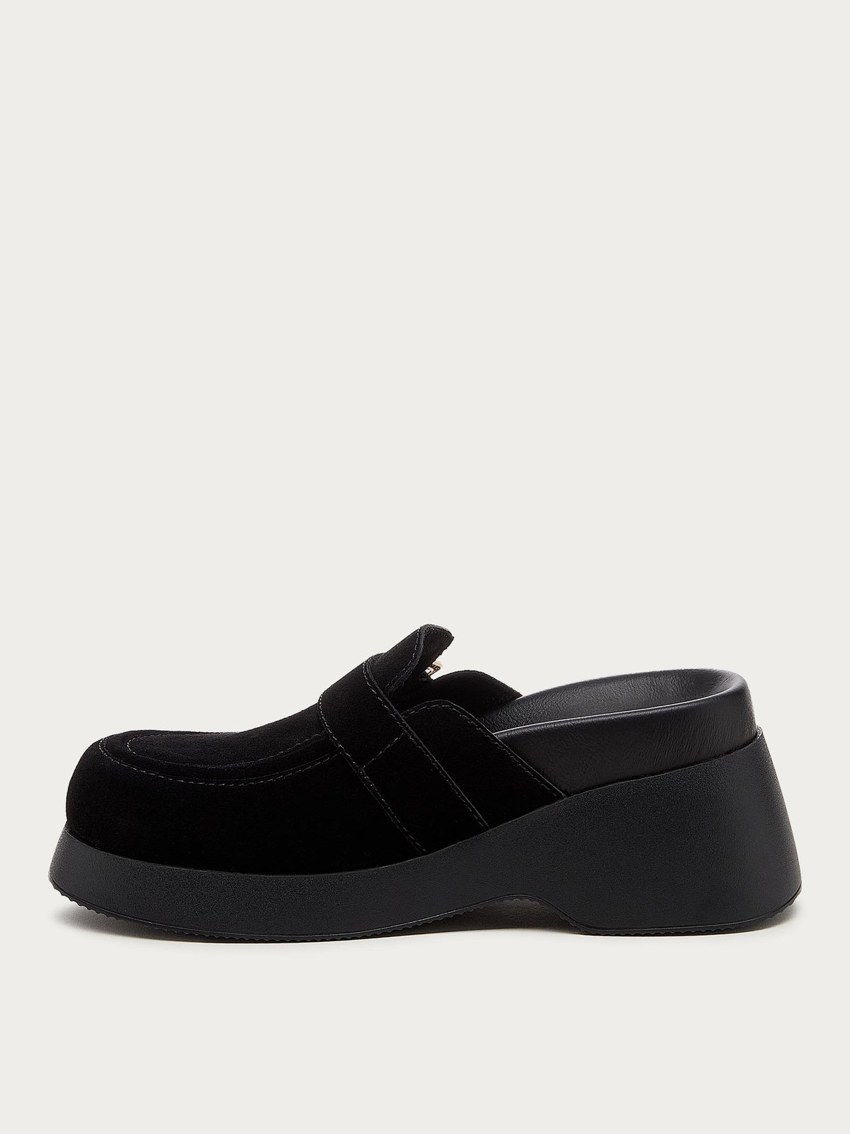 Inner side of the Imogin black buckle platform clog