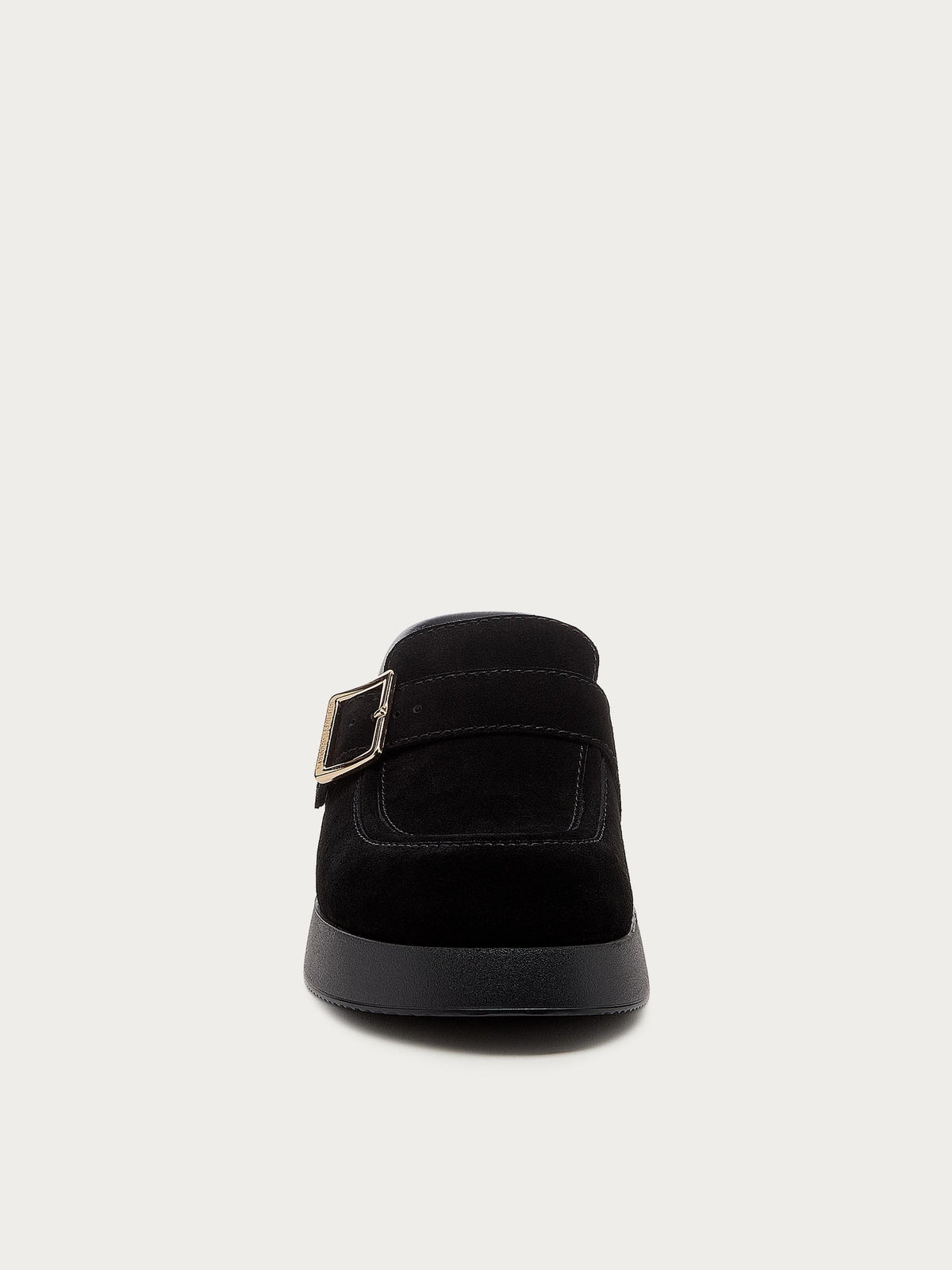 Front view of the Imogin black buckle platform clog