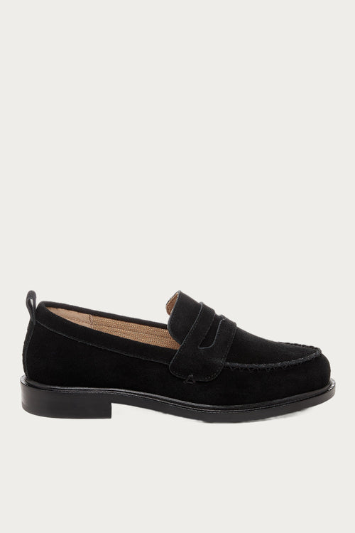 Side view of the Kelsi Dagger Brooklyn Lens all black suede loafer