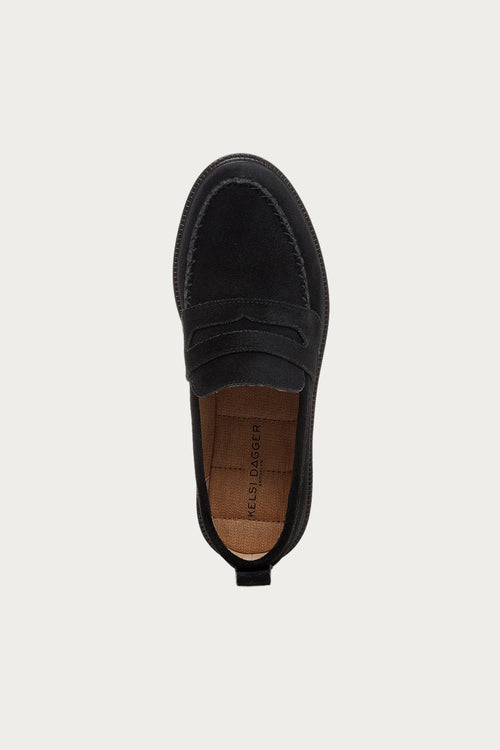 Top-down view of the Lens all black suede loafer
