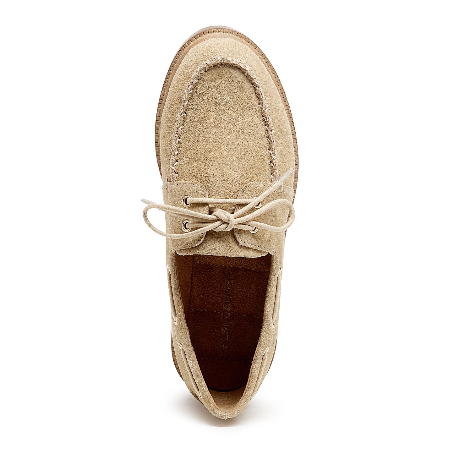linny oatmeal suede boat shoe, close up of suede upper texture, Kelsi Dagger Brooklyn