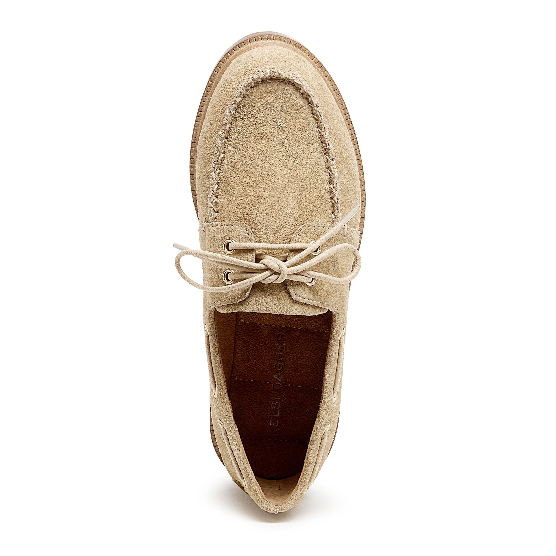 linny oatmeal suede boat shoe, close up of suede upper texture, Kelsi Dagger Brooklyn