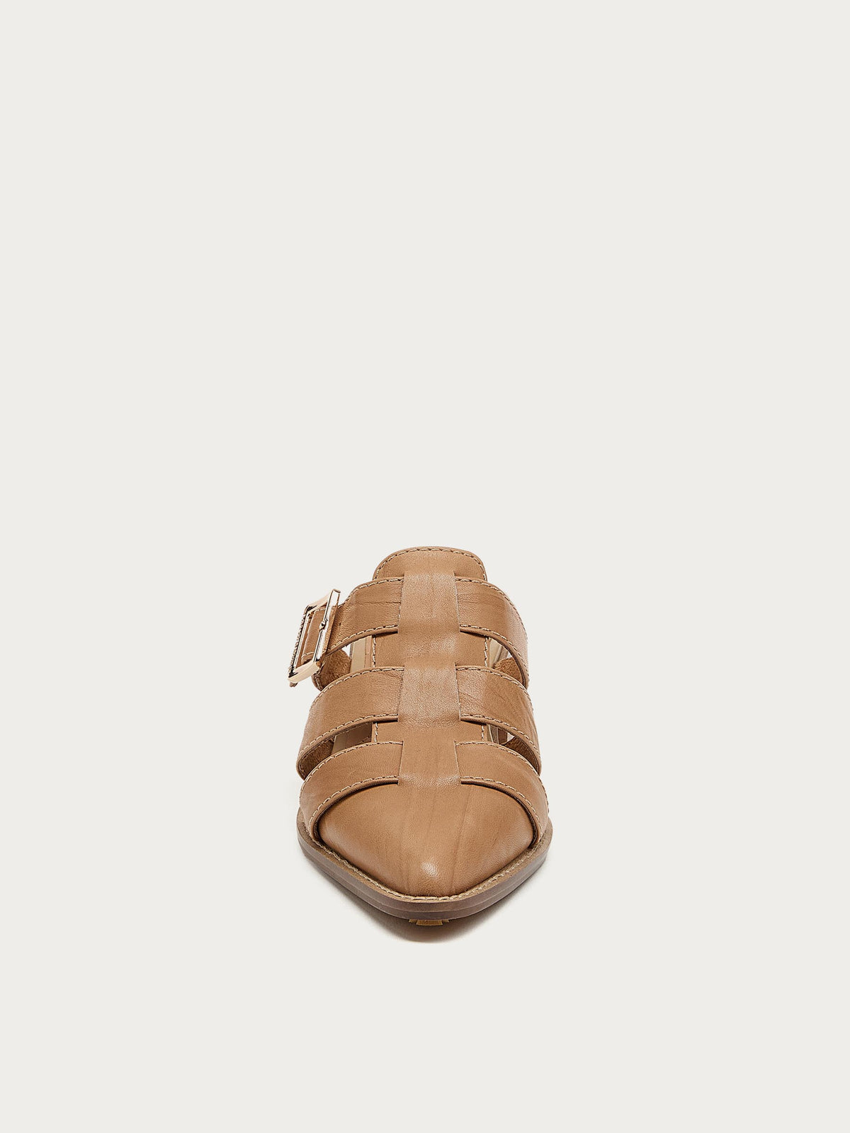Front view of the Mitchie oatmeal leather heel