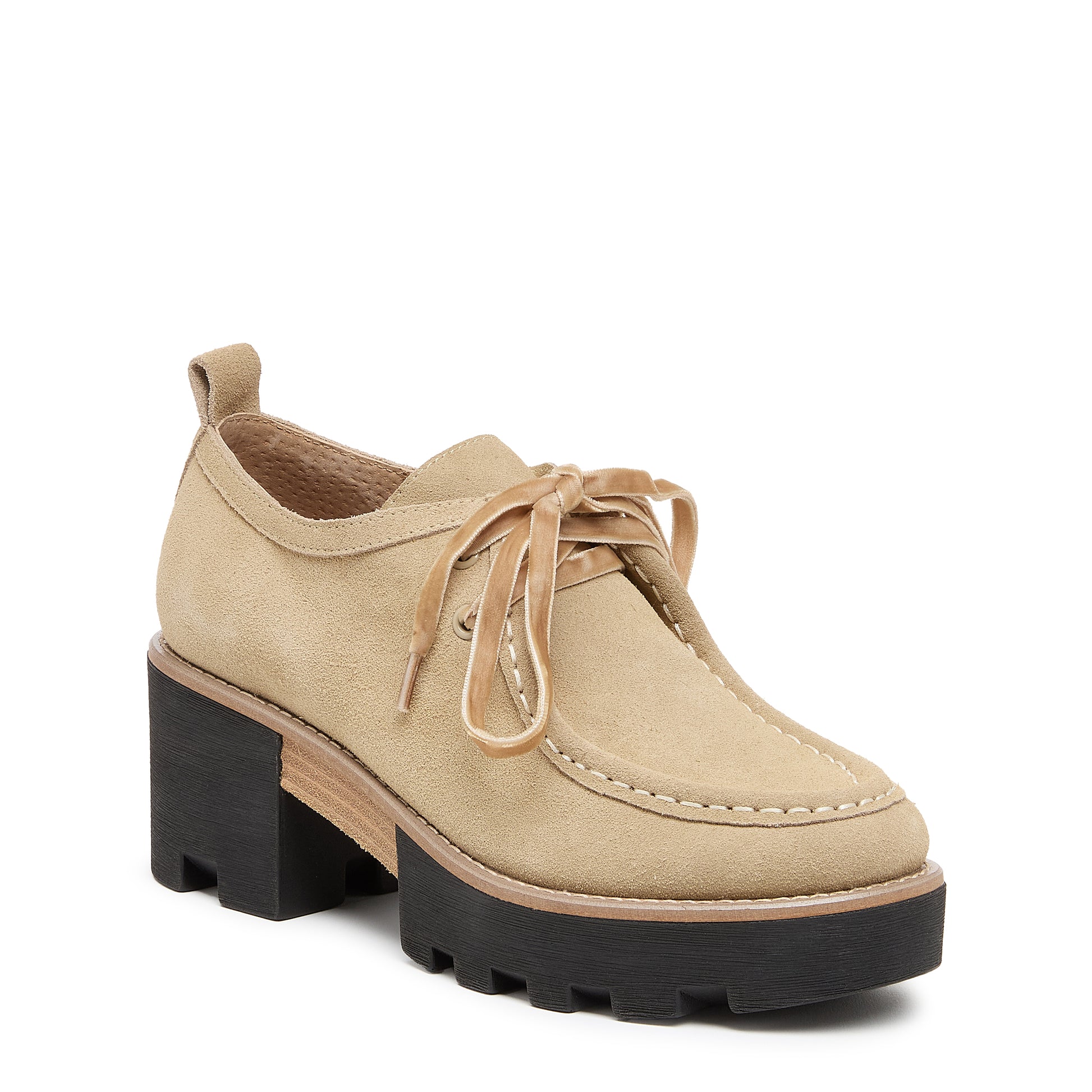 Kelsi Dagger Women's Olga Oatmeal Lug Loafers – Cow Suede Platform Heel