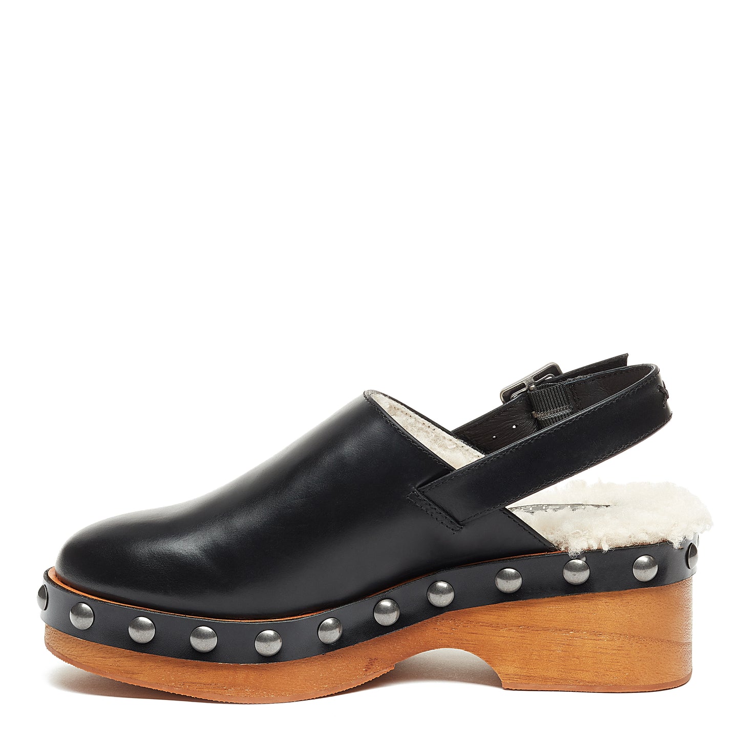 Warehouse Black Leather Shearling Clog